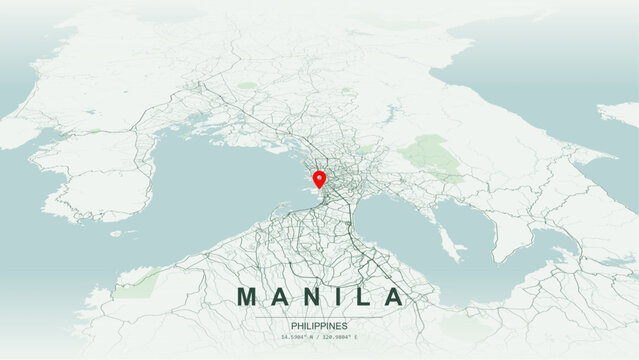 Modern minimalist vector map of Manila, Philippines. High-quality scalable illustration of Manila city grid, Pasig River waterfront, and Metro Manila regional highway networks for posters design.