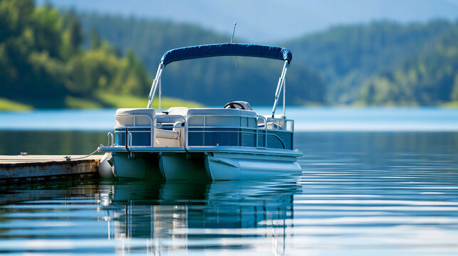 Water pontoon boat floating on a calm reflective lake, leisure boating and summer holiday concept, defocused shoreline background, with copy space