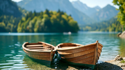 Obraz premium Scenic lakeside view with wooden boats and a forested island surrounded by mountains on a sunny day, nature landscape and boating concept, defocused, with copy space