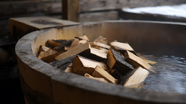 Close-up of Split Wood Logs Soak in a Warm Wooden Bathtub, Creating a Natural and Rustic Aesthetic for Relaxation and Home Spa Concepts