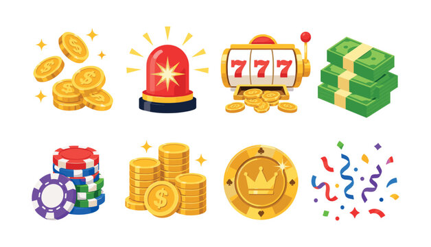 Casino and gambling icons collection with coins, slot machine, and money