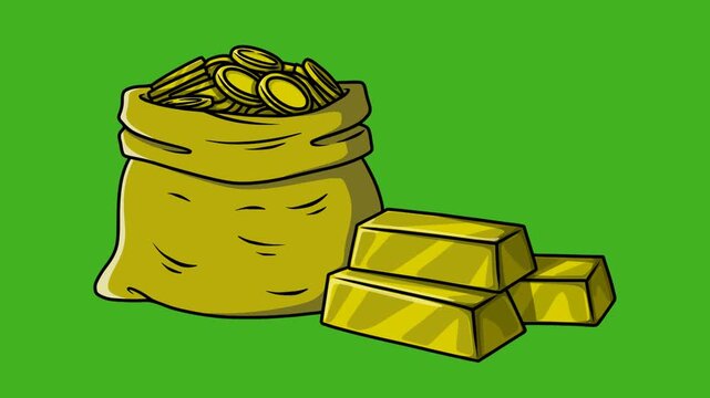 Gold coins and Gold bars on green background. Abstract animation footage.