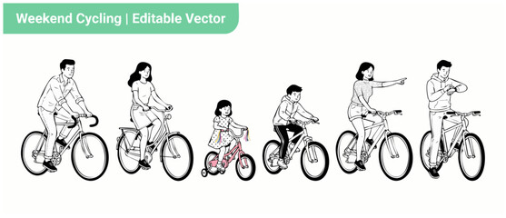 Obraz premium Family riding bicycles vector illustration of active people cycling together outlines drawing of parents kids lifestyle weekend activity sport fitness recreation minimal black white isolated sketch se