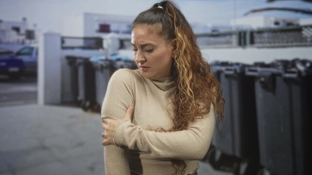 Young brunette woman in beige sweater clutching shoulder with one hand, grimacing in shoulder pain beside a row of street dumpsters and parked cars; pain concern.