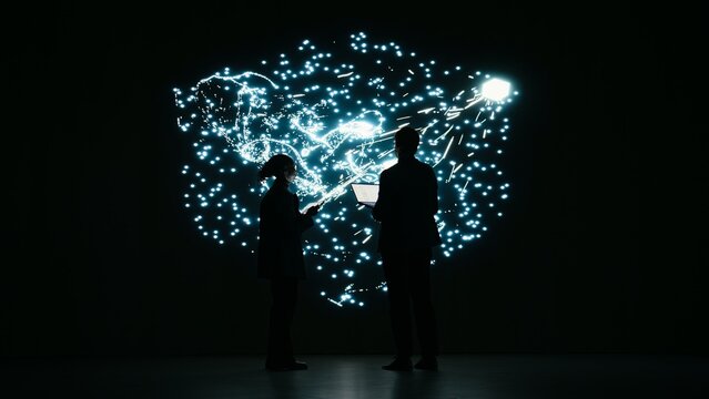 Engineering team optimizes AI machine learning model by adjusting parameters, Tech startup colleagues projecting neural network architecture, brainstorming how to modify datasets, camera A.