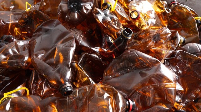 Crushed brown PET bottle recycling. Plastic waste