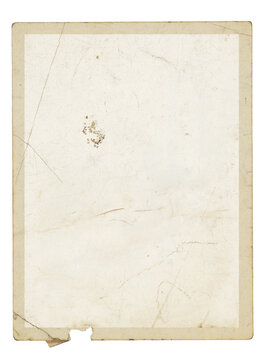 Vintage photo paper frame overlay with semi-transparent scratched center, PNG cutout. The heavily distressed surface covered in fine scratches, vintage grime and a small torn piece at the bottom edge.