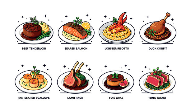 Gourmet dishes illustration: beef, salmon, lobster, duck, scallops, lamb, foie gras, and tuna