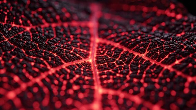 Glowing red leaf veins pulsing in extreme macro close up for nature and science content