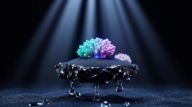 Floating island with colorful coral structure dripping water over dark surface. Abstract surreal scene featuring levitating terrain for environmental visual concept