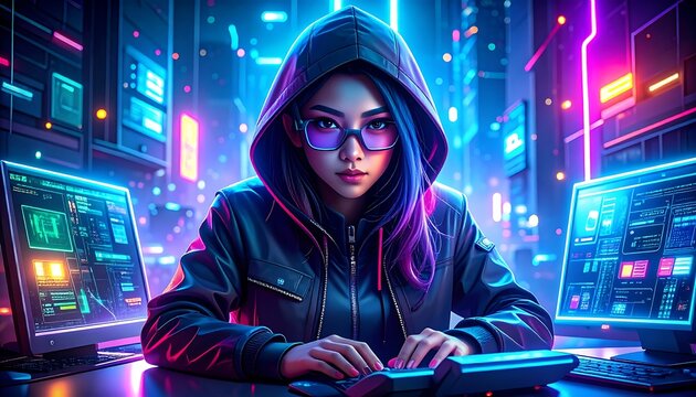 A hooded figure types on a keyboard surrounded by vibrant neon-lit computer screens in a futuristic setting