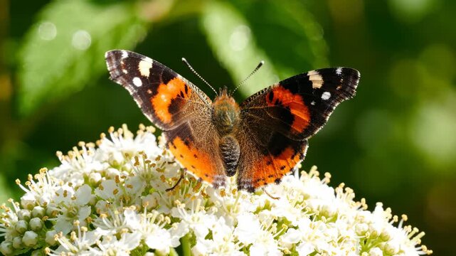 Red admiral butterfly resting and feeding on white flowers in natural garden setting