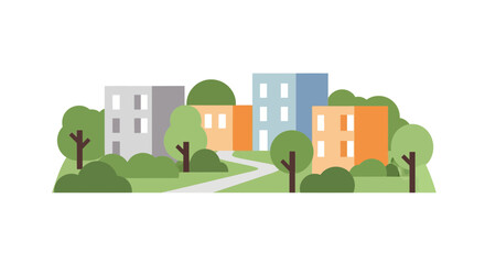 Fototapeta premium Flat illustration of modern apartment buildings surrounded by green trees and park path