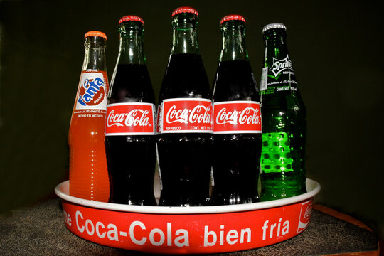 Mexican soft drinks in serving tray sweetened with real cane sugar rather than the high-fructose corn syrup used in the USA