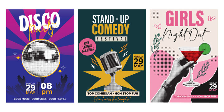 Three Event Poster Bundles: Disco Party, Stand-Up Comedy Festival, and Girls Night Out Halftone Collage Design. Entertainment, Nightlife, and Social Event Flyer Templates with Bold Typography