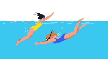 Two women swimming underwater in blue ocean, summer vacation activity