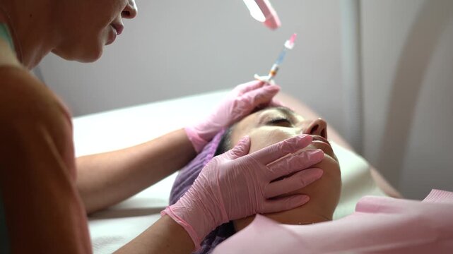 Cosmetologist performing facial biorevitalization injection treatment