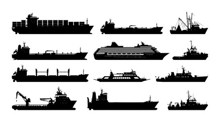 Obraz premium Collection of silhouetted various types of cargo ships and vessels on a white background
