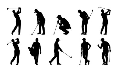 Naklejka premium Silhouette collection of golfers in various poses capturing the dynamic essence of the sport