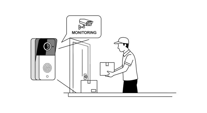 Delivery Person with Package at Smart Doorbell with Security Camera Monitoring