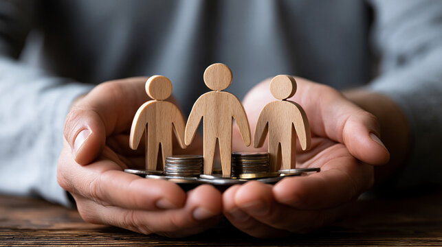 A close up of European hands protects softly calm wooden family figures with coins in a moody setting financial security faceless detail softly defocused backdrop dark
