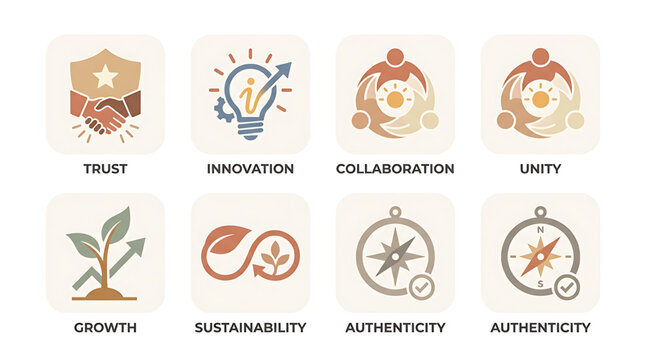 A set of eight vector icons representing business values and principles, including trust, innovation, collaboration, and sustainability.