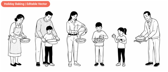 Obraz premium Family baking pie vector illustration of multigenerational parents, grandparents, and kids cooking step by step in black and white line drawing style, outline graphic isolated on a white background.