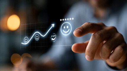 Fototapeta premium A close up of a European hand touches softly a glowing customer sentiment graph with smiley rating icons in a moody office sentiment analysis faceless detail softly
