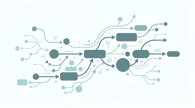 A vector graphic illustration of a complex flowchart with various shapes and arrows on a white background