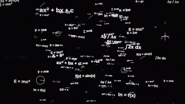 Scientific formulas and mathematical symbols moving through black space, abstract education background 4k video