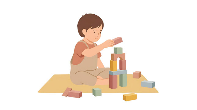 A young boy building a colorful block tower on a mat