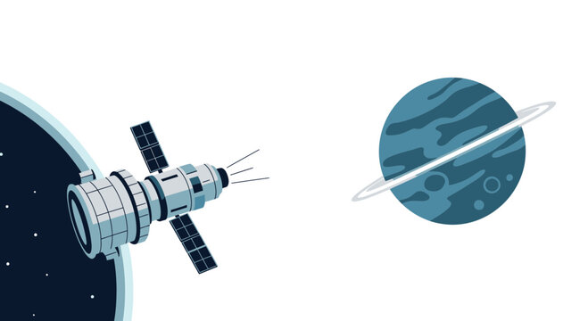 Space Satellite Flying Near Ringed Planet in Cosmic Expanse