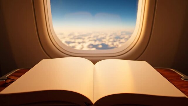 Open book resting on airplane tray table with clouds visible through window for travel and education content