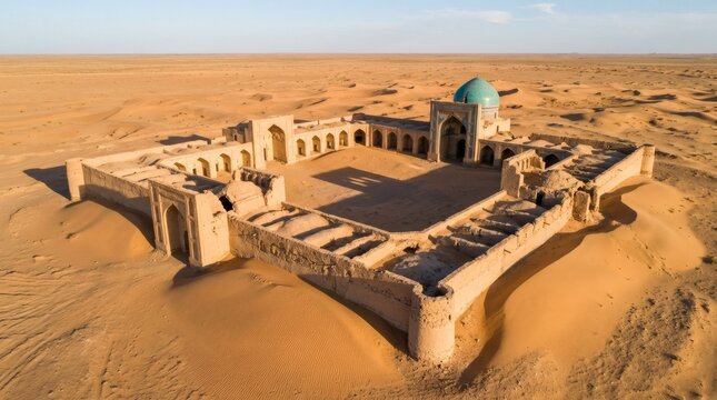 Ancient desert caravanserai with turquoise dome under a clear sky