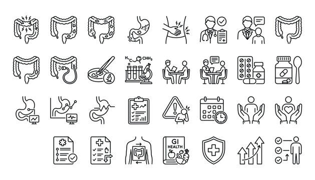 Gastrointestinal health icons digestive system treatment and wellness line art set