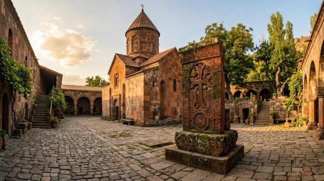 Ancient stone monastery courtyard with carved cross and arched walkways
