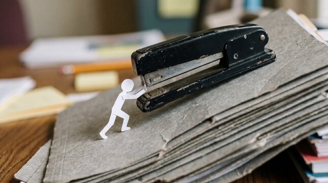 A small paper figure strains to push a heavy black stapler across a mountain of dusty folders. It visualizes the exhausting struggle of endless bureaucratic office work.