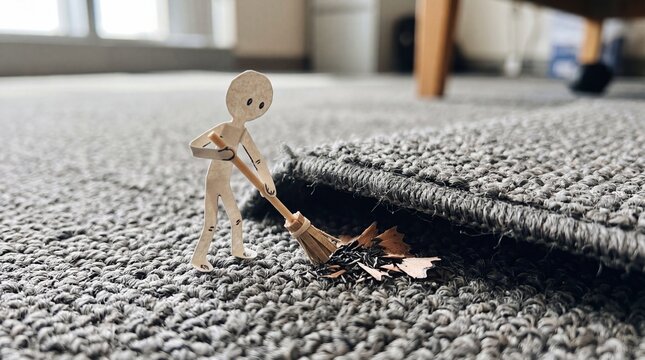 A tiny paper figure uses a miniature broom to sweep pencil shavings under the edge of a gray carpet. It cleverly illustrates the idiom of hiding problems and mistakes.