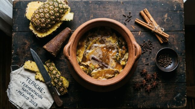 Fermenting pineapple tepache in clay pot with spices and piloncillo