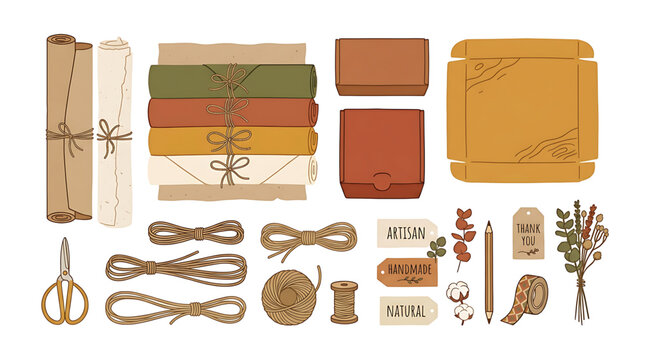 A collection of vintage stationery and craft supplies in a warm, earthy color palette, featuring paper, envelopes, twine, and other materials for handmade cards and gifts.