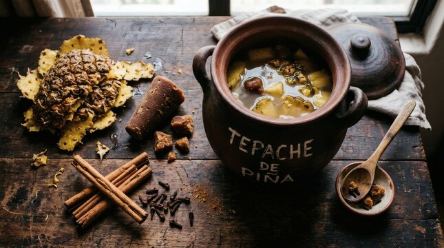 Traditional tepache drink in clay pot with pineapple and spices on rustic table