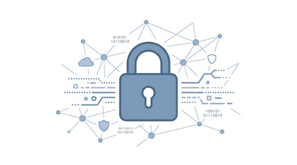 Obraz premium A blue padlock icon surrounded by network connections and security symbols in a flat, minimalist vector graphic design