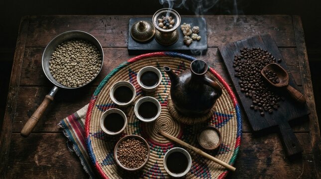 Traditional Ethiopian coffee ceremony with roasted beans and incense