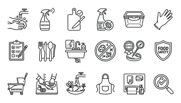 Hygiene and food safety icon set line art vector graphics