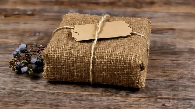 Rustic burlap wrapped gift box tied with twine and a blank tag, sitting on a weathered wooden surface with dried