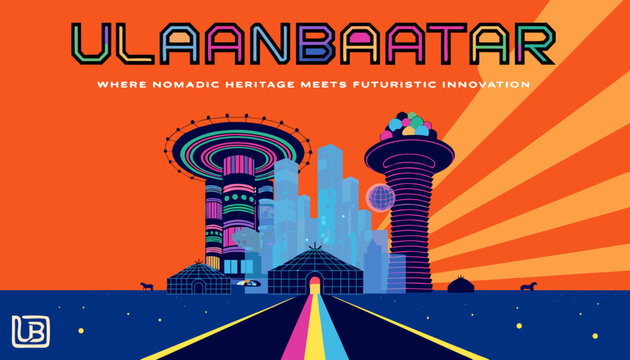 Very beautiful Ulaanbaatar cyberpunk poster featuring futuristic interpretations of traditional Mongolian yurts, glowing neon towers, holographic city architecture, vast steppe horizons, and a stunnin