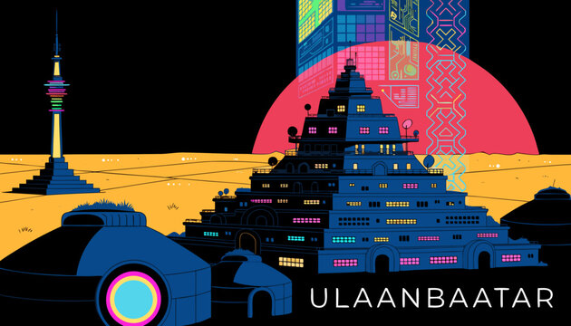 Very beautiful Ulaanbaatar cyberpunk poster featuring futuristic interpretations of traditional Mongolian yurts, glowing neon towers, holographic city architecture, vast steppe horizons, and a stunnin