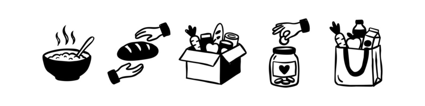 Hand-drawn food donation icon set. Black ink doodles featuring soup, bread sharing, grocery donation box, charity coin jar, and food bag. Ideal for humanitarian and community support themes.