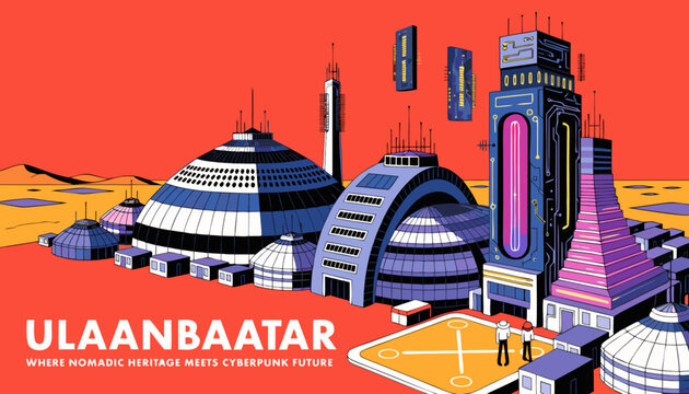 Very beautiful Ulaanbaatar cyberpunk poster featuring futuristic interpretations of traditional Mongolian yurts, glowing neon towers, holographic city architecture, vast steppe horizons, and a stunnin