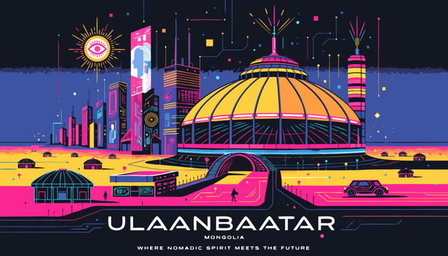 Very beautiful Ulaanbaatar cyberpunk poster featuring futuristic interpretations of traditional Mongolian yurts, glowing neon towers, holographic city architecture, vast steppe horizons, and a stunnin